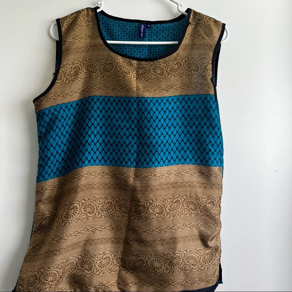Blue and tan sleeveless top